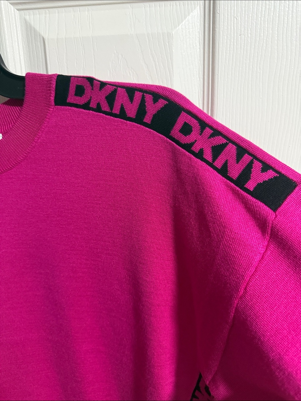 DKNY Women's Bright Fuchsia Crewneck Sweater with Logo Trim - Picture 2 of 3